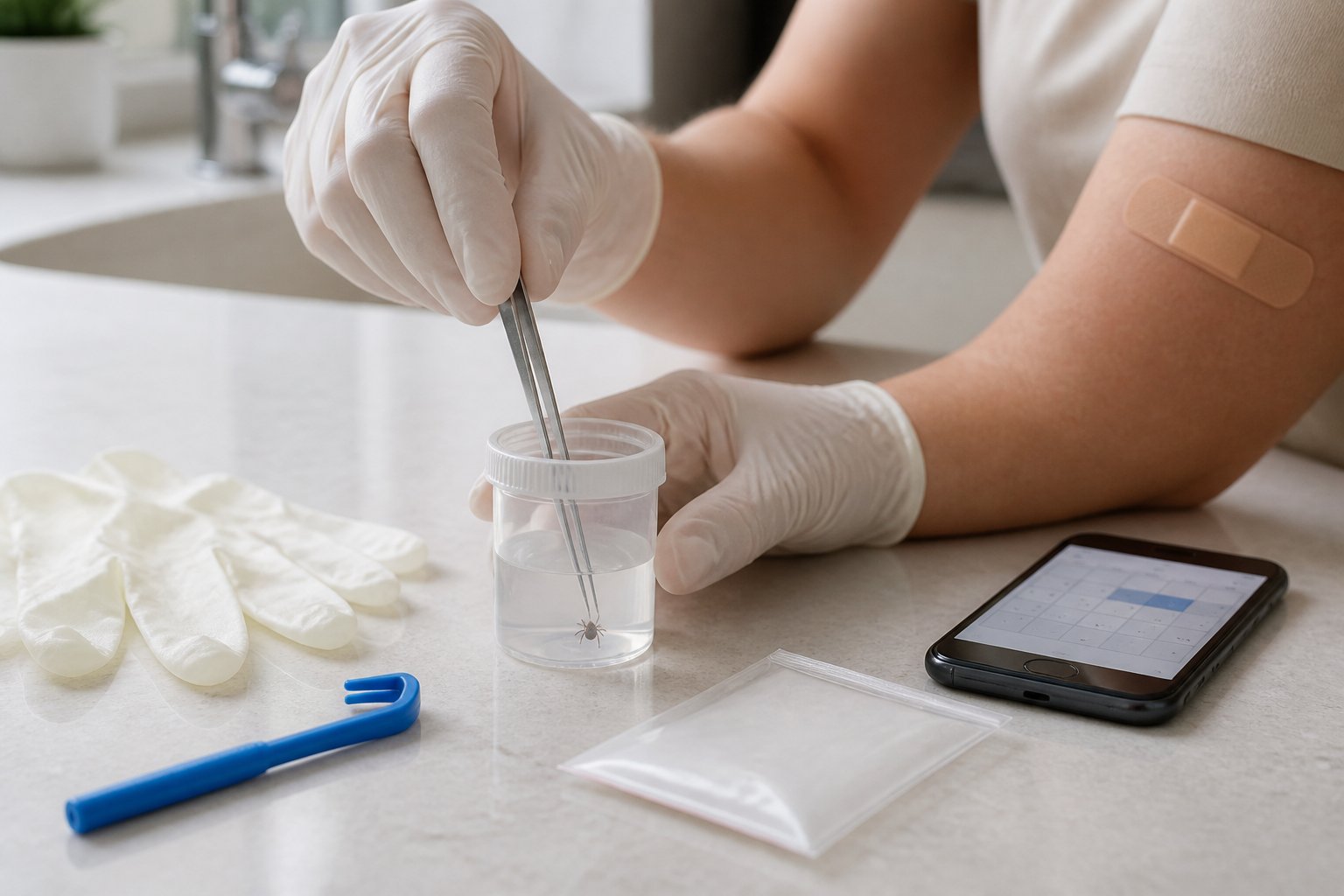 Gloved hands place a tick into a sealed container of rubbing alcohol beside tick-removal supplies and a bandaged arm.