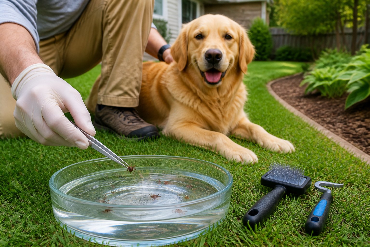 A person checks a dog for ticks beside a tidy backyard, with a small container of water and a tick nearby.