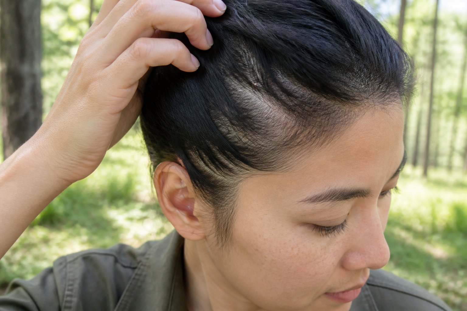 Person outdoors with a small tick visible among the hair near the scalp.
