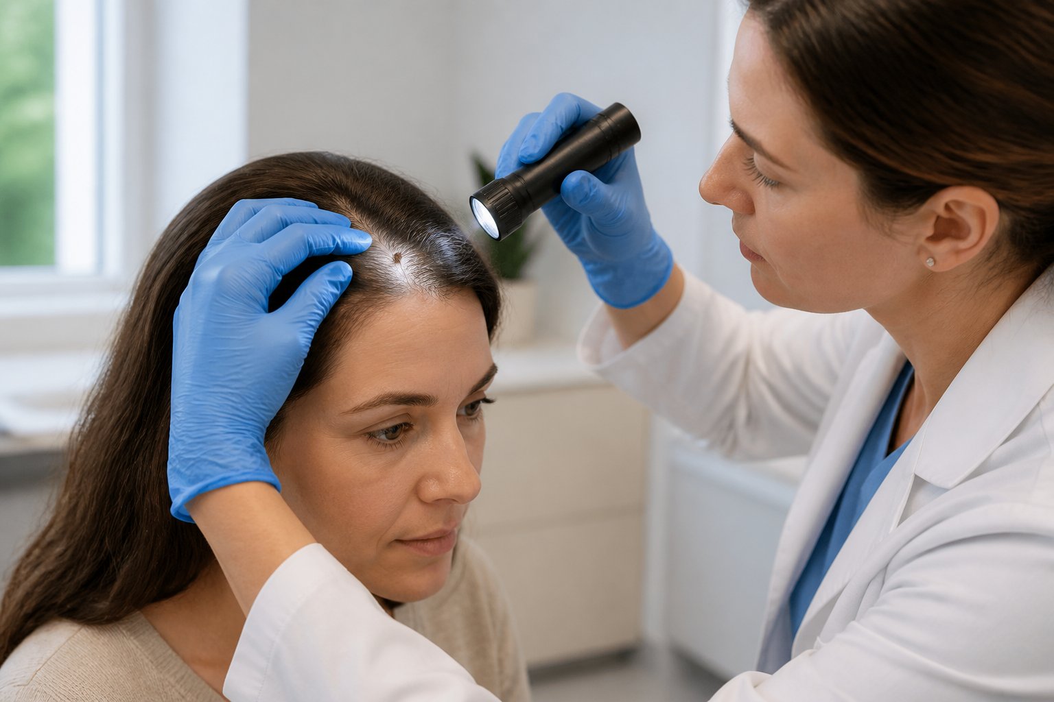 A healthcare professional examines a patient’s scalp for a tick in a bright medical examination room.