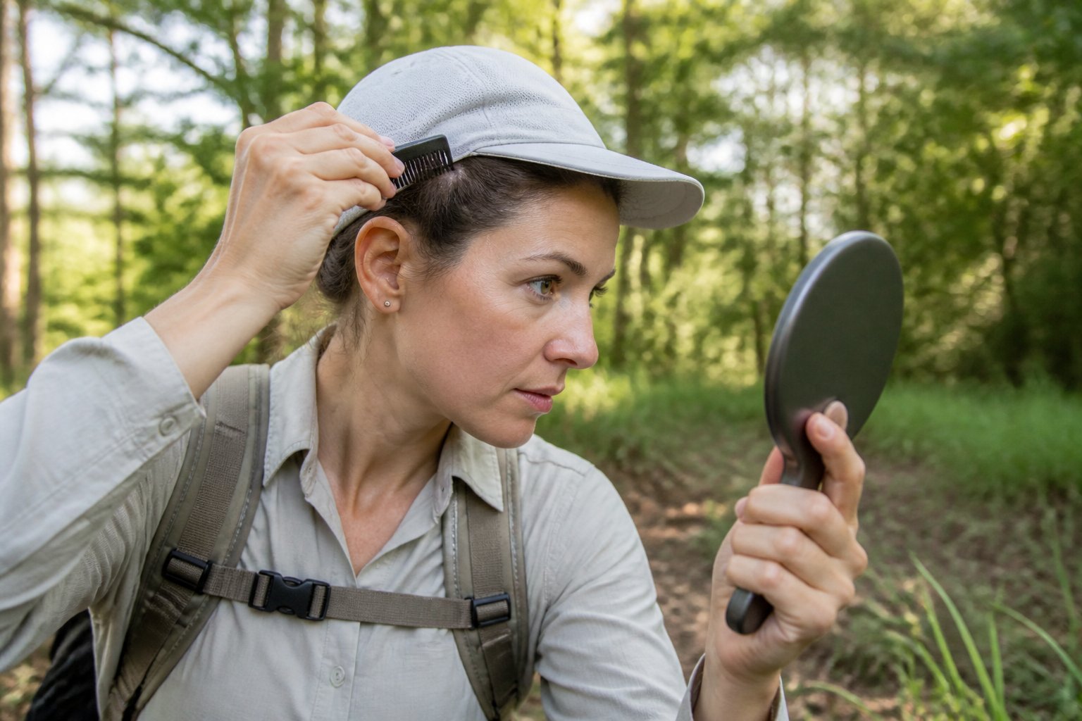 Adult checking their hairline and scalp for ticks outdoors.