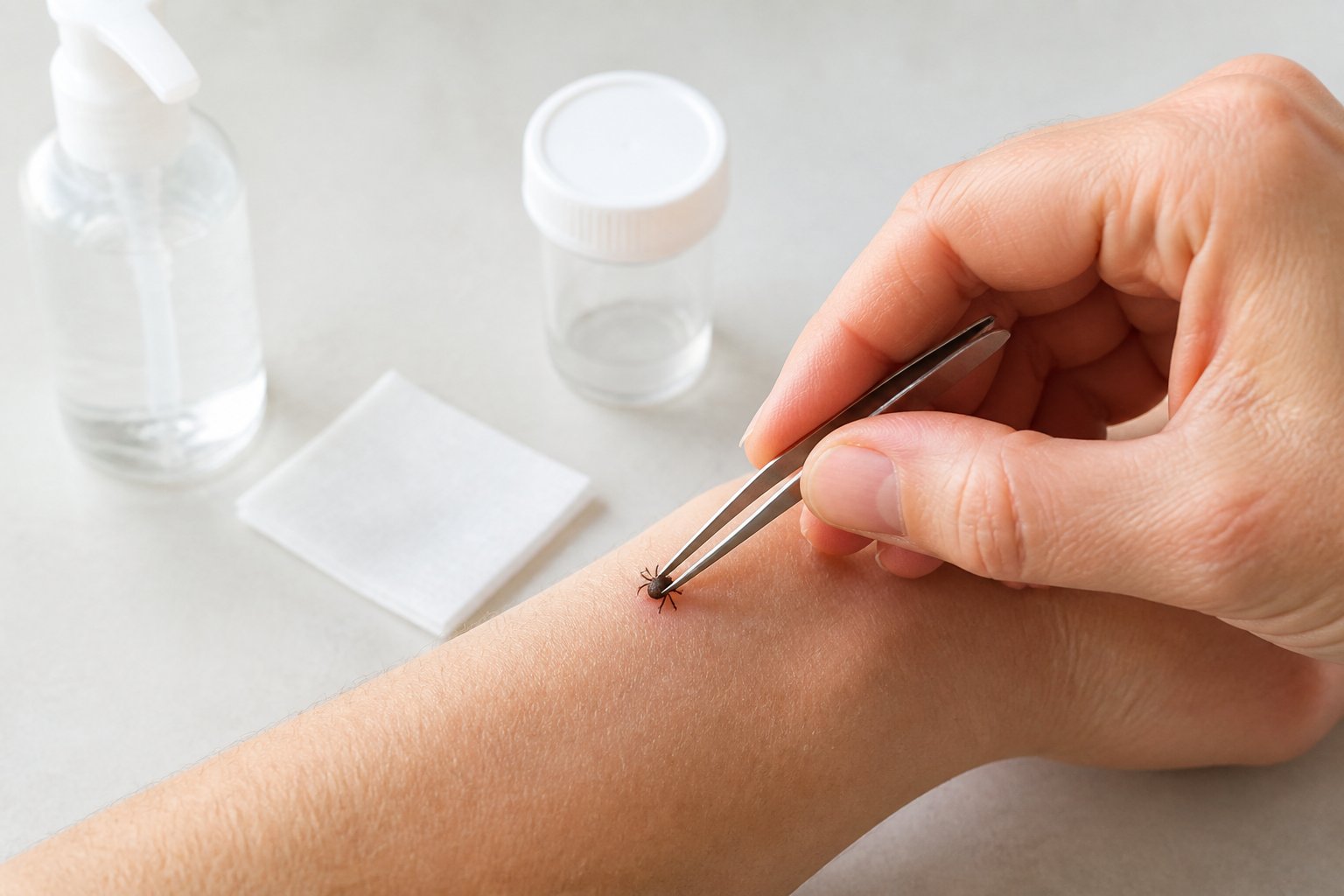 A person carefully removes a tick from an arm with fine-tipped tweezers.