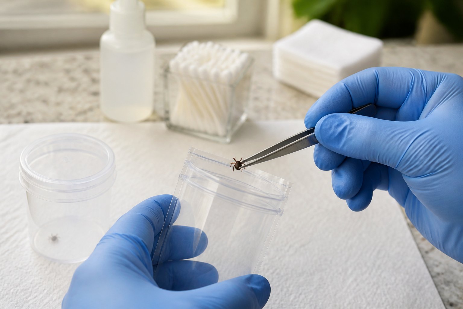 Gloved hands use tweezers to place a tick into a sealed container beside cleaning supplies.