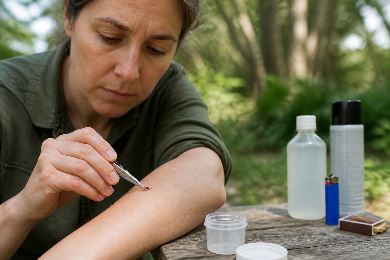 A person safely examines a tick with tweezers while dangerous removal items sit unused nearby.