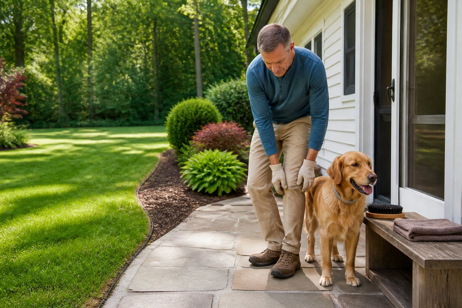 A homeowner checks their clothing and yard for ticks beside a house, with a dog nearby.
