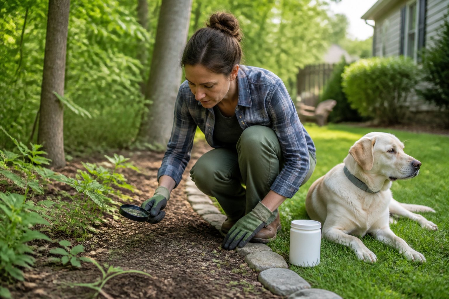 A homeowner inspects a well-maintained backyard with a dog wearing a tick collar.