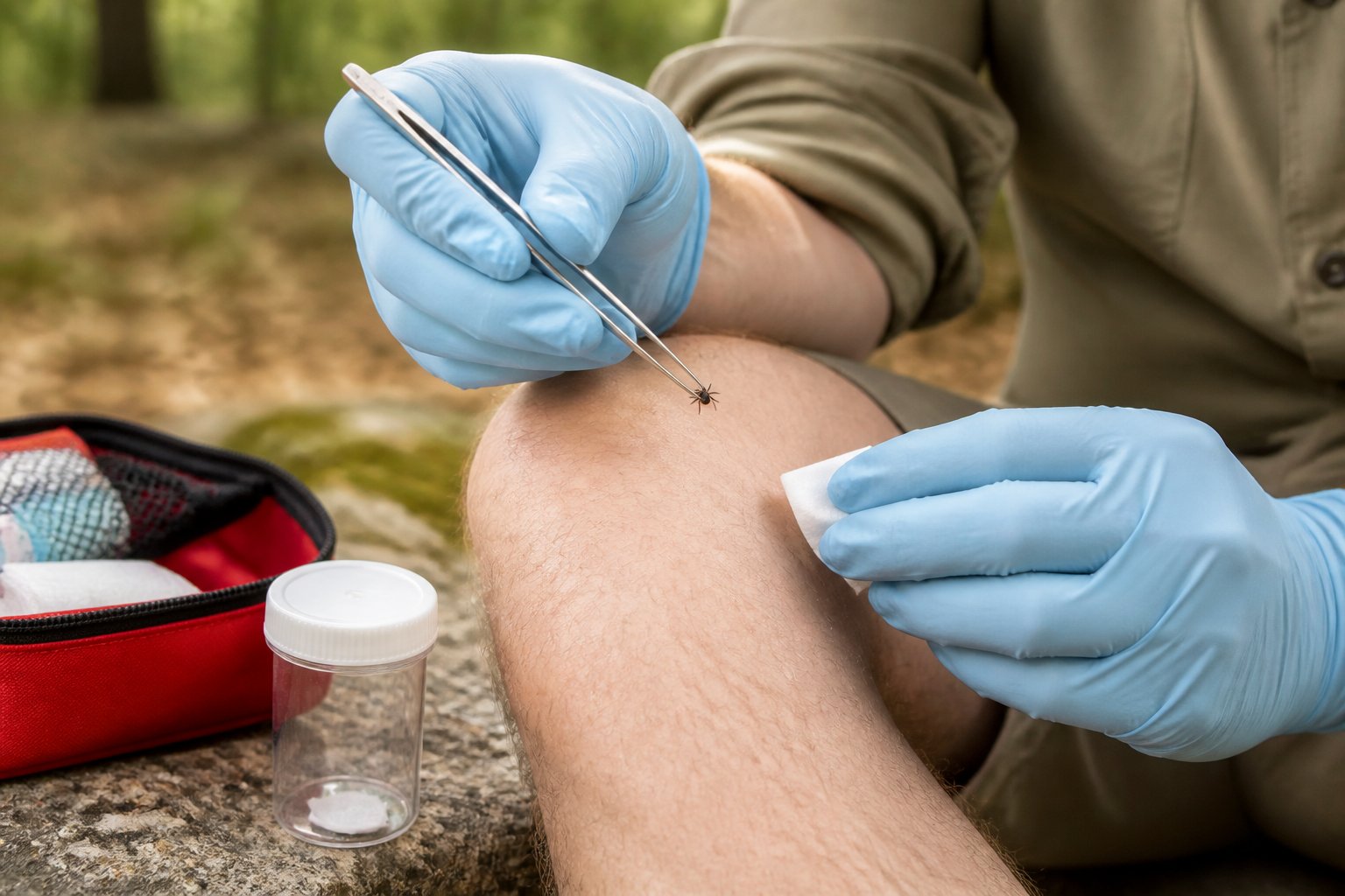A gloved hand uses tweezers to remove a tick from a person’s forearm.