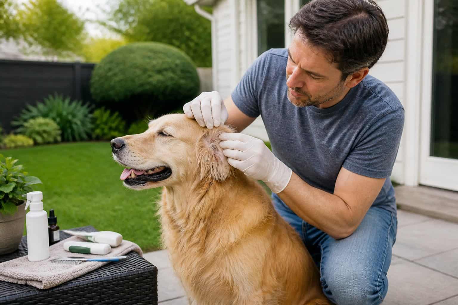 A person checks a golden retriever for ticks in a backyard.