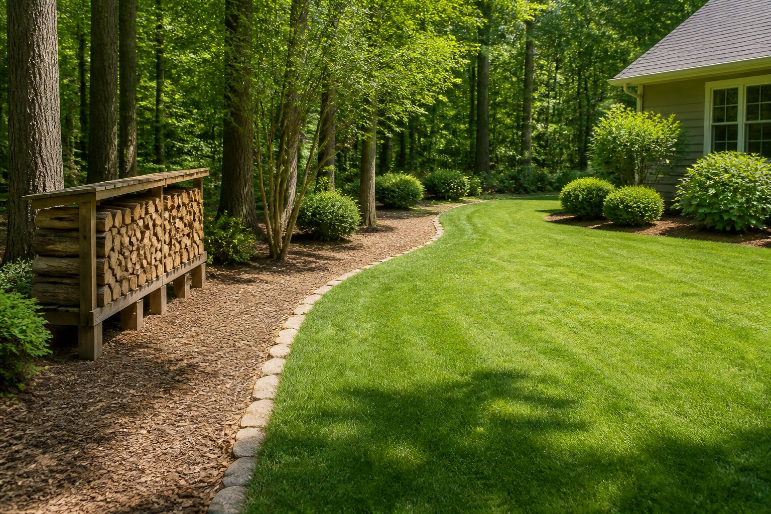 A tidy suburban yard with short grass, trimmed shrubs, cleared leaf litter, and a gravel border beside a wooded area.