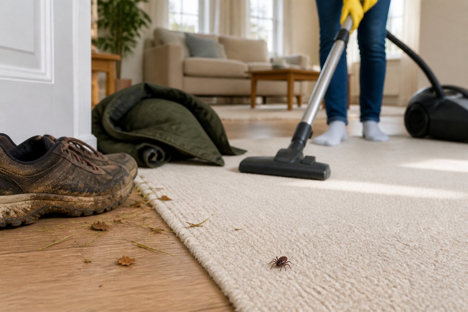 A small tick is visible on a rug near a home entrance while a person vacuums nearby.