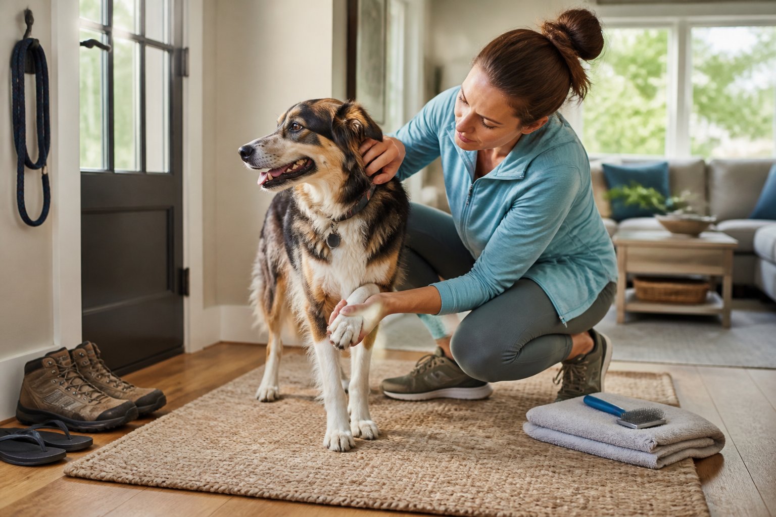 A homeowner checks a dog near the entrance of a bright living room for ticks after coming indoors.
