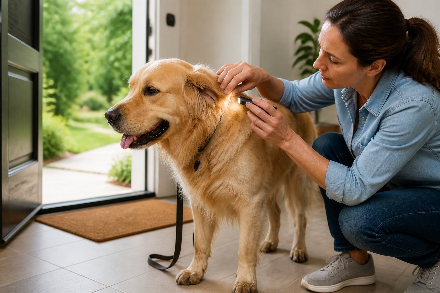 A pet owner checks a dog’s fur for ticks inside a home near the entryway.
