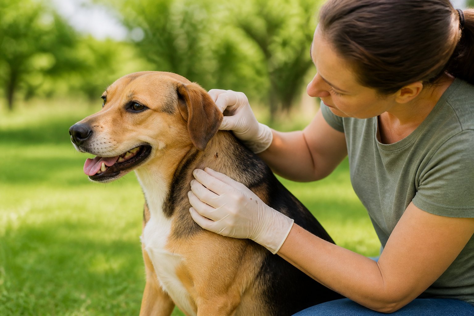 A person wearing gloves checks a dog’s fur for ticks outdoors.