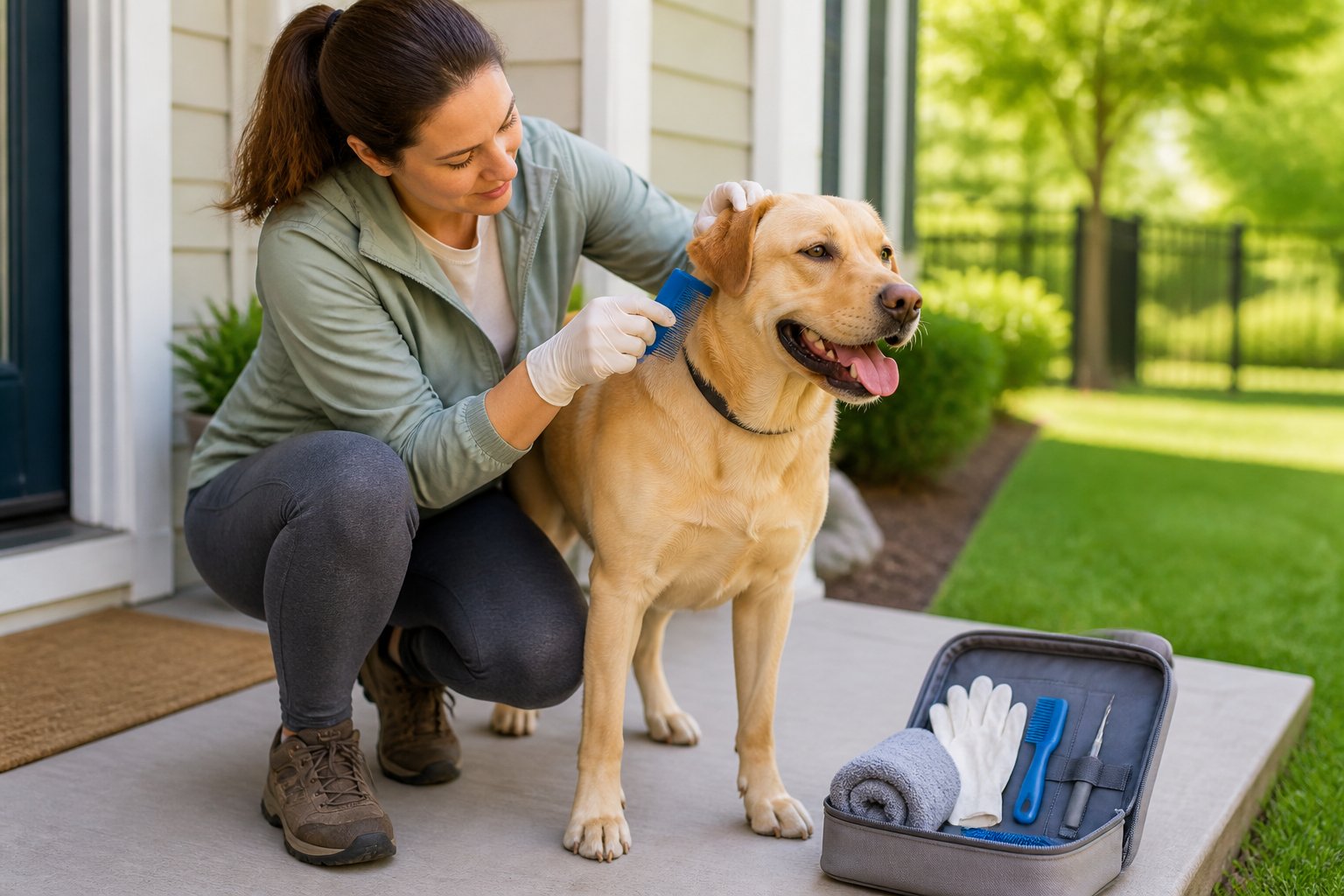 A dog owner gently checks a dog’s fur with a comb beside a pet-care kit.