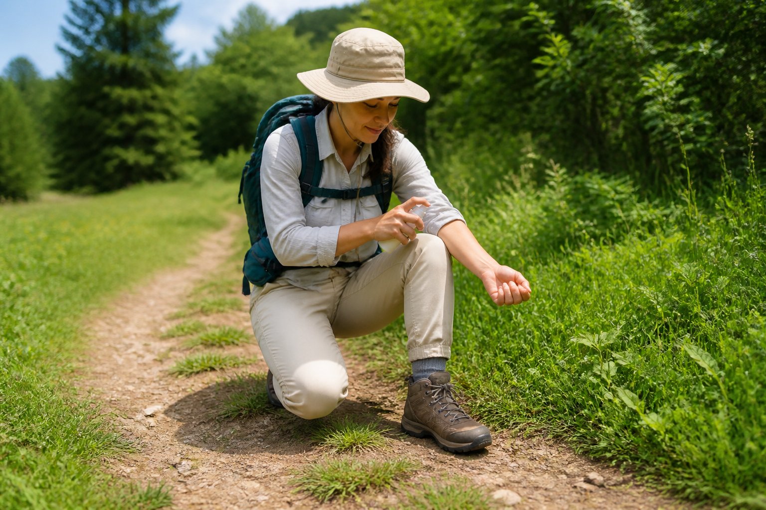 A hiker in protective clothing applies insect repellent beside a woodland trail.