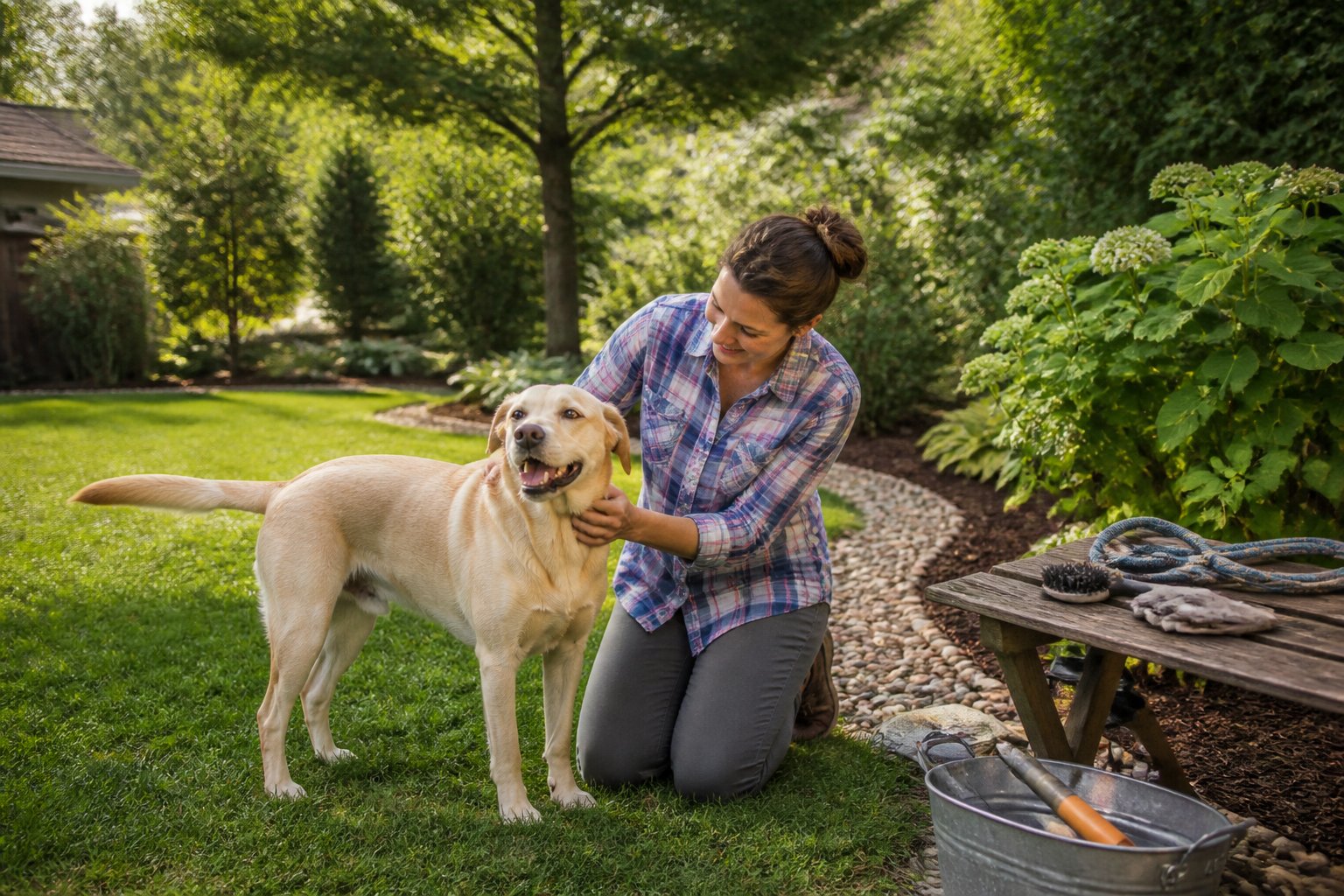 A person checks a dog’s fur in a tidy, well-maintained backyard.