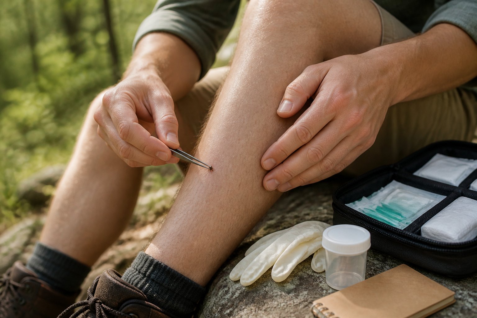 A person uses tweezers to remove an attached tick from their lower leg beside a first-aid kit.
