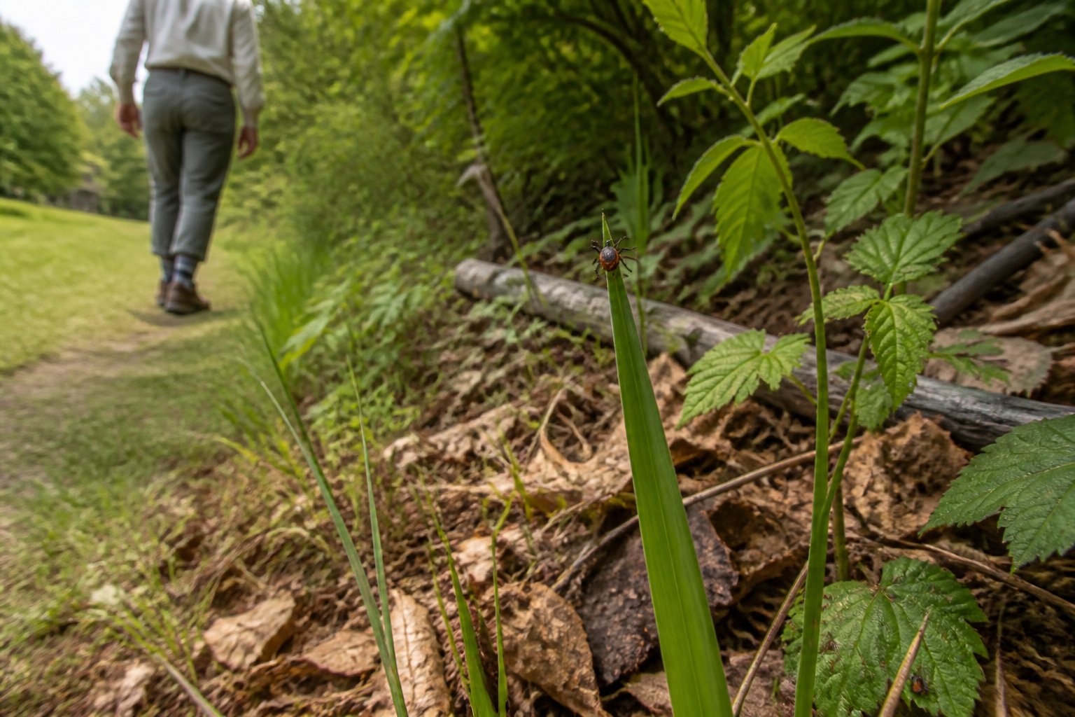 A tick rests on grass beside a woodland path while a hiker walks in the background.