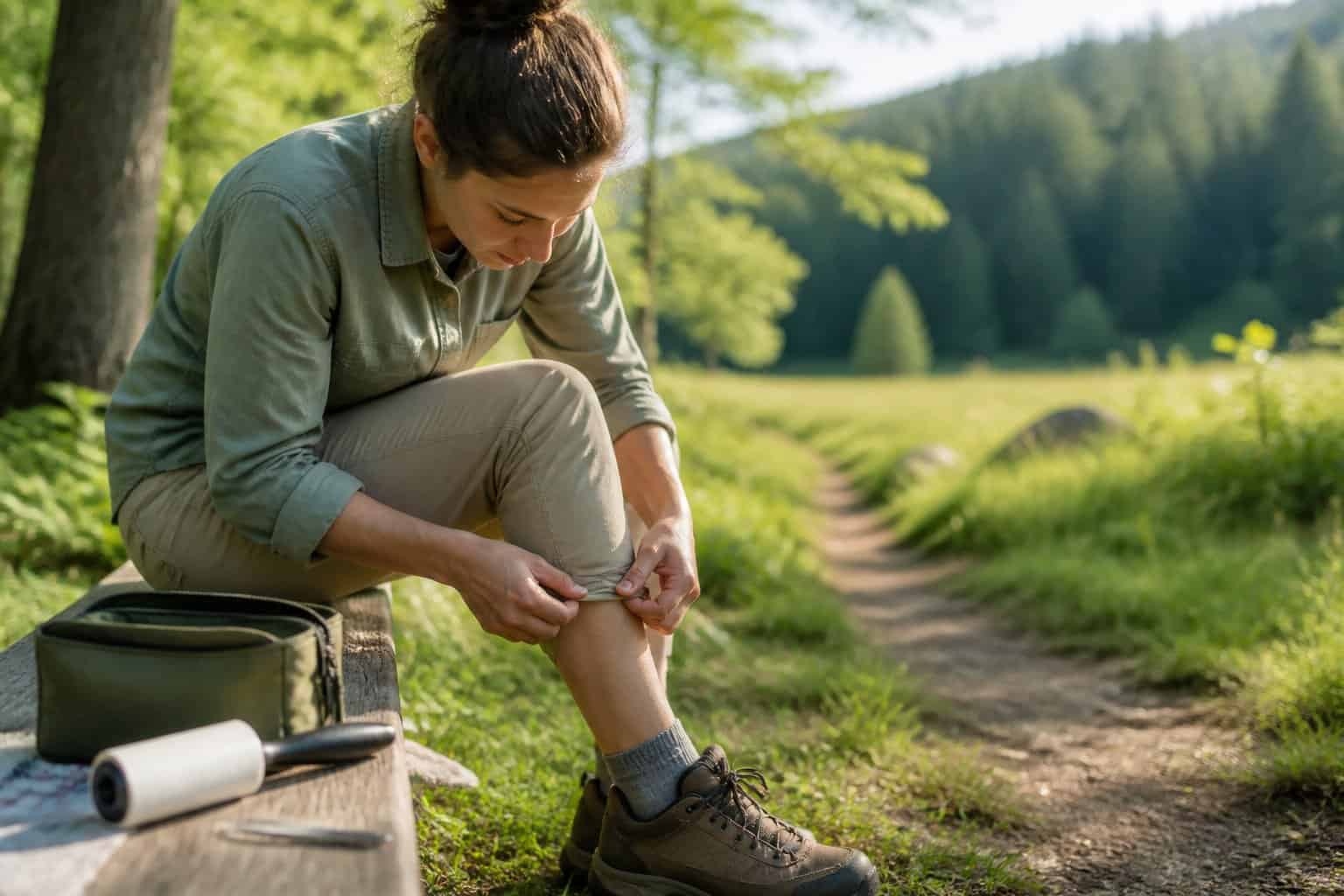 A hiker checks their clothing and legs for ticks beside a woodland path.