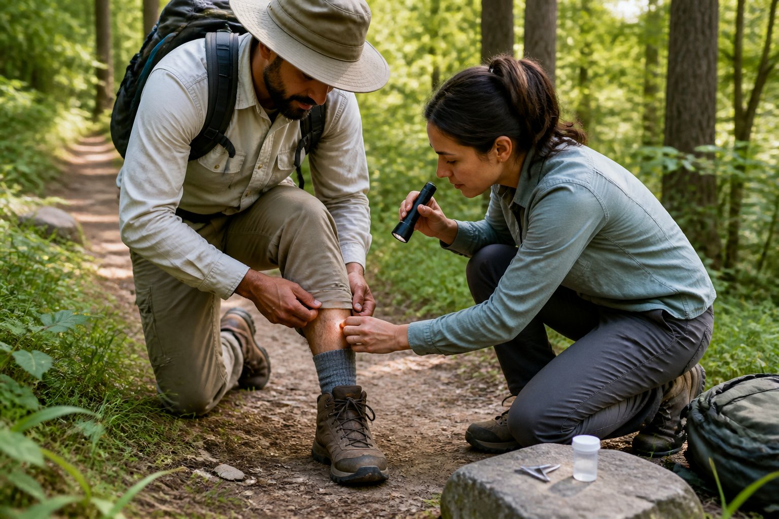 A hiker checks their clothing and lower legs for ticks on a sunny woodland trail.