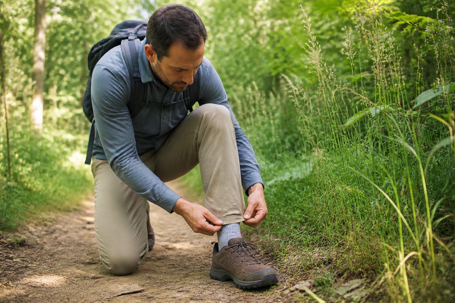 A hiker inspects their sock and trouser leg beside a grassy woodland trail.