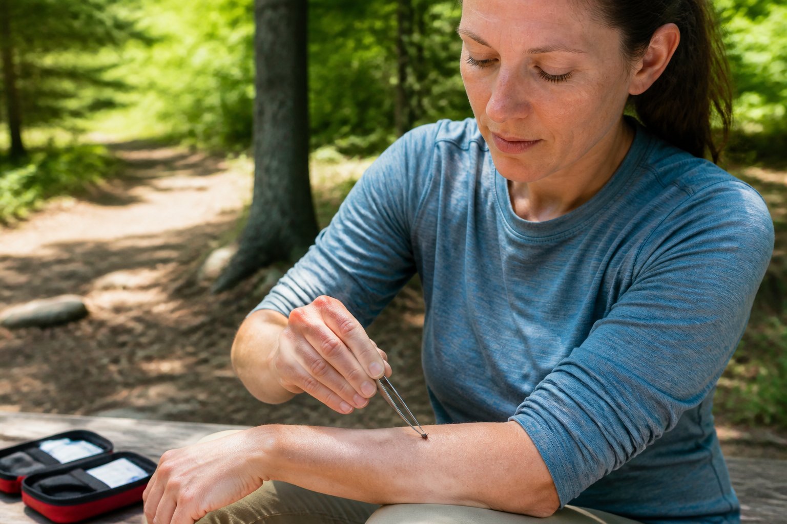An adult examines an attached tick on their forearm with fine-tipped tweezers outdoors.