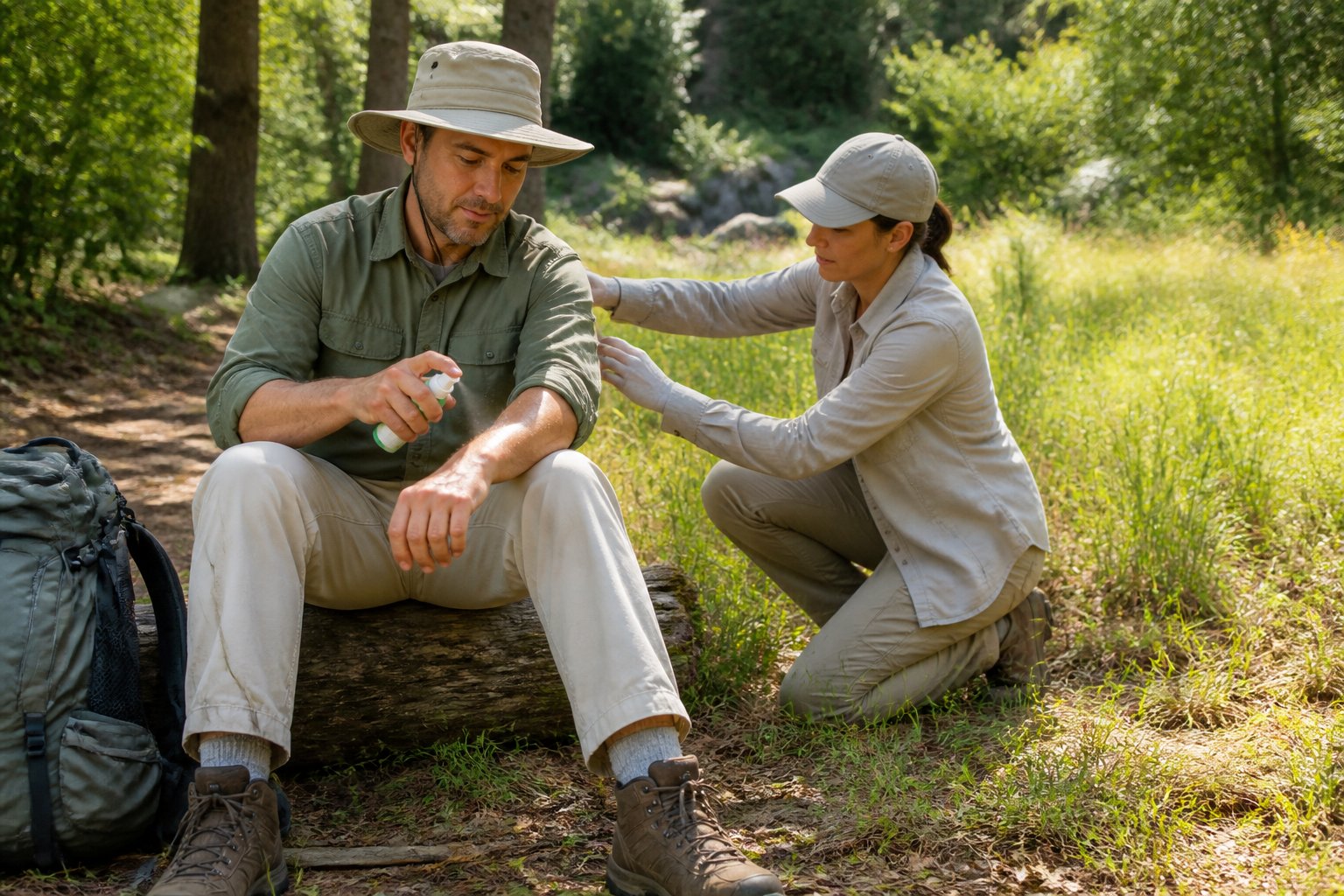 Hiker applying insect repellent and checking their clothing beside a wooded trail.
