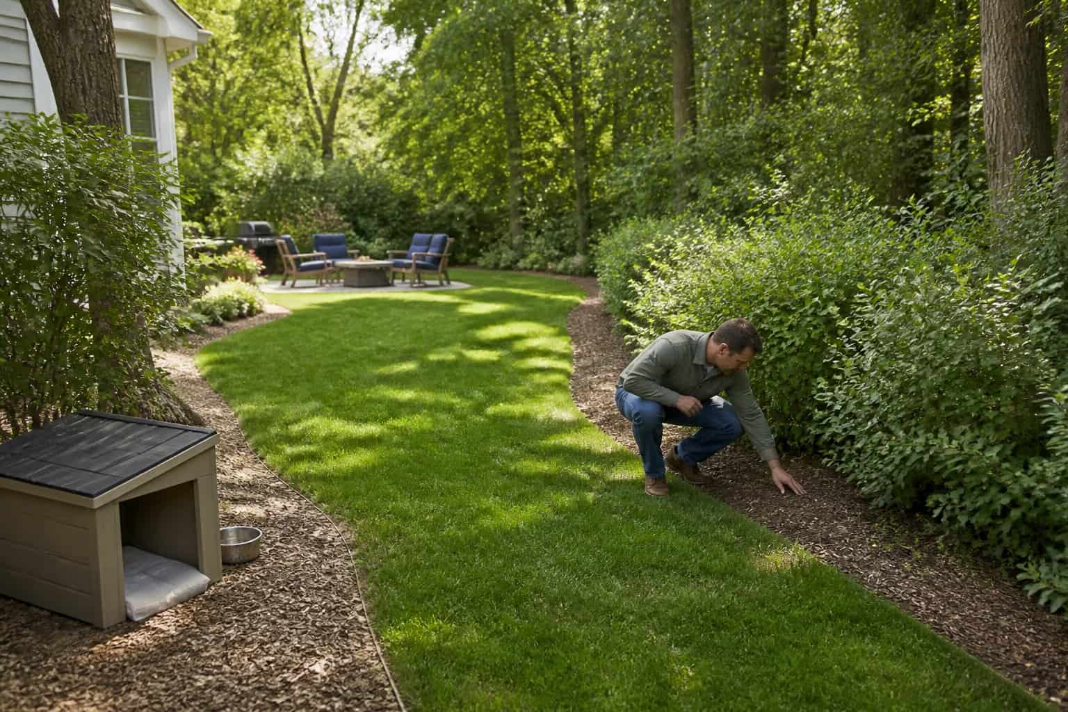 A neatly maintained backyard with a mowed lawn, mulch border, trimmed shrubs, and a wooded area beyond.