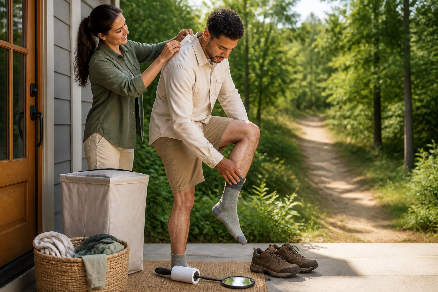 A hiker checks their clothing and skin for ticks after returning from a wooded trail.