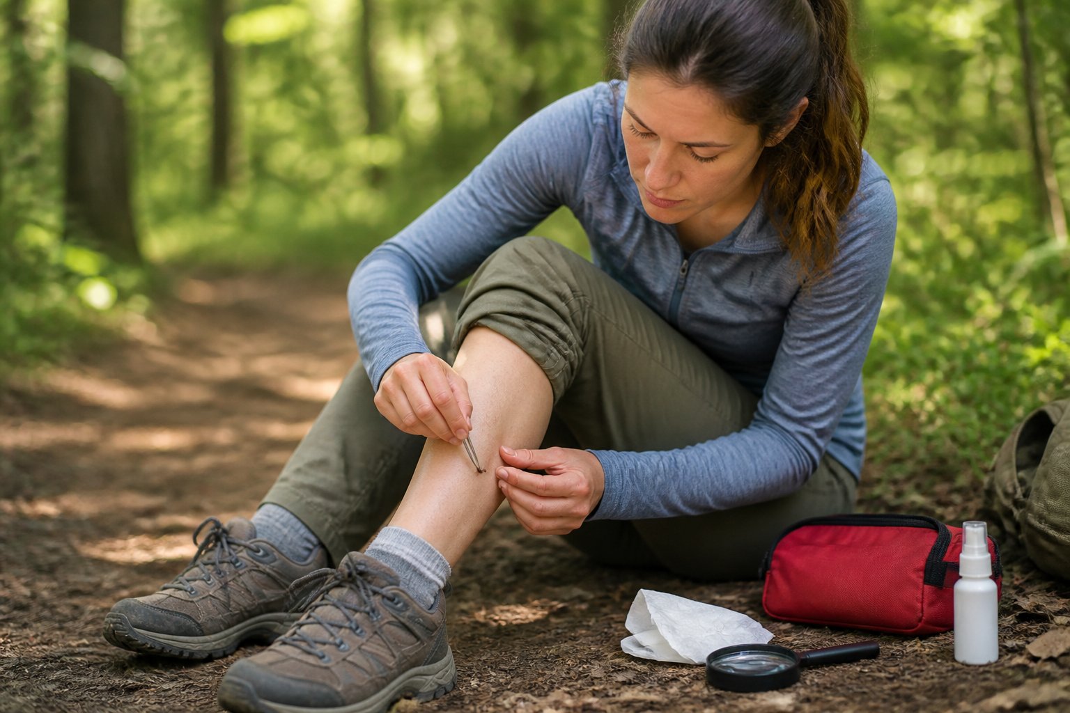 A hiker uses tweezers to remove a tick from their leg beside a forest trail.