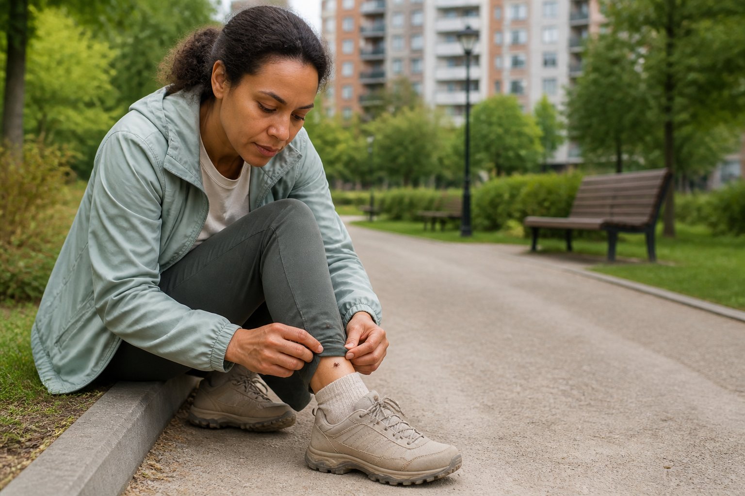 A person checks their lower leg for a tick beside a paved path in an urban park.