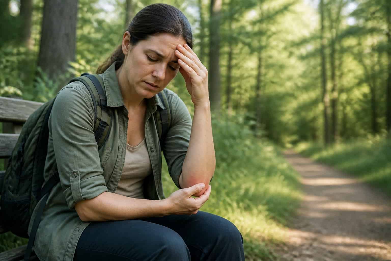 An unwell hiker sits on a bench outdoors, touching their forehead and showing mild redness on their forearm.