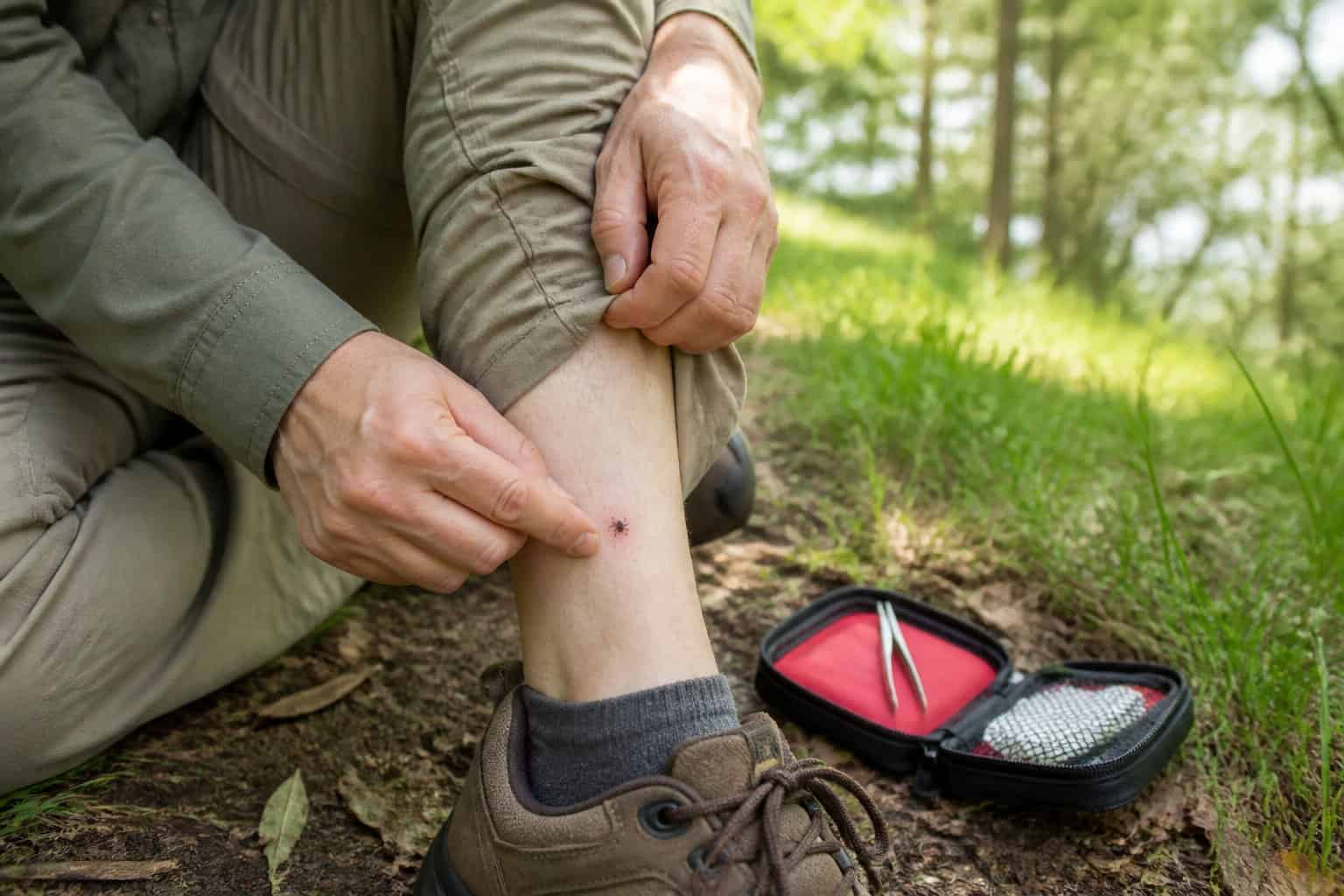 A person examines a small tick bite with tweezers beside a first-aid kit outdoors.