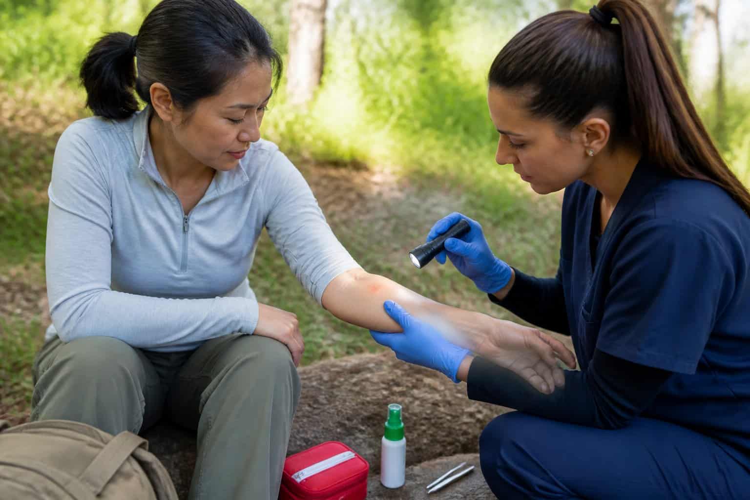 An adult examines a mildly red tick bite on their forearm while another person assists in a grassy wooded setting with tick-prevention supplies nearby.