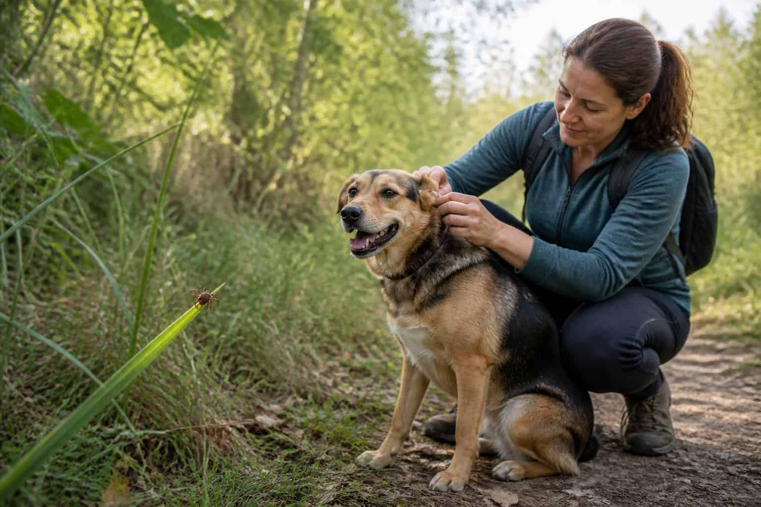 A person checks a dog for ticks beside tall grass on a woodland trail.
