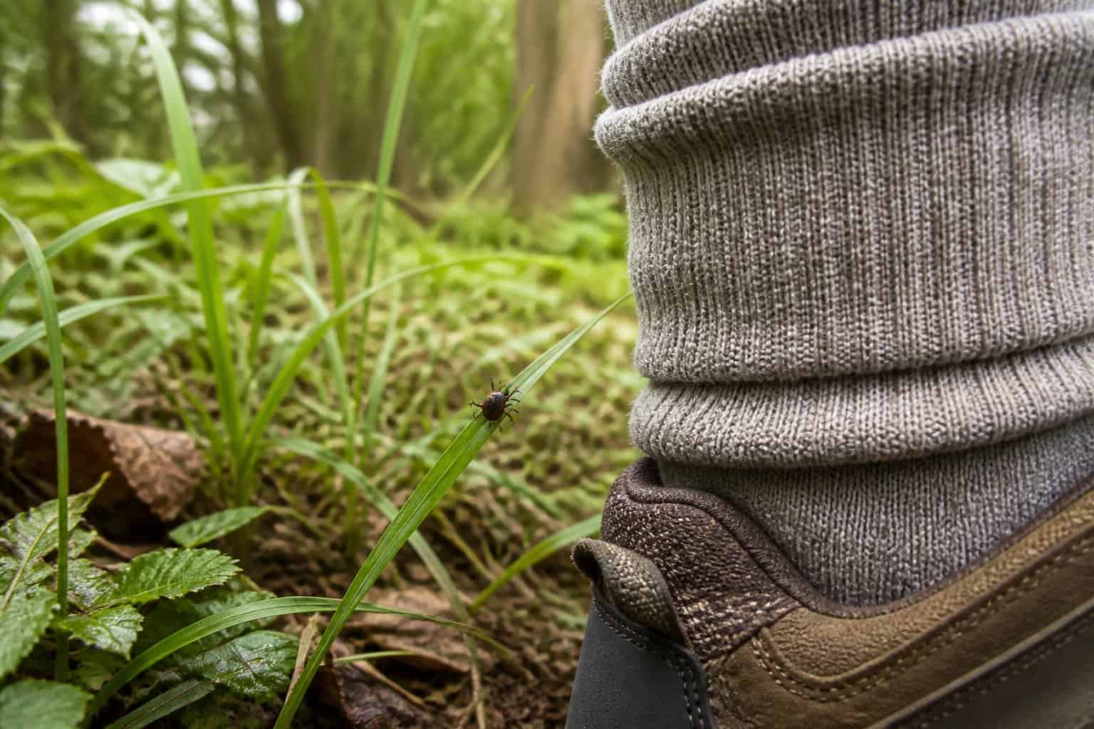 A tiny tick climbs from tall grass onto a hiking sock.