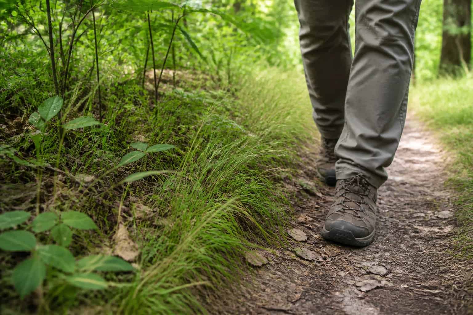 Hiker walking beside tall grass and low vegetation along a woodland trail.