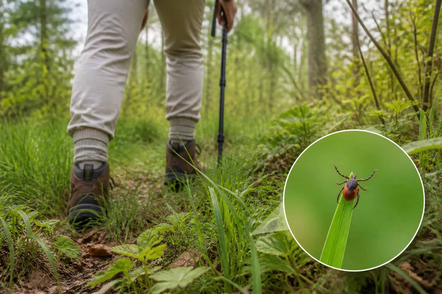 A hiker in protective clothing walks through tall grass while a tick waits on a grass blade nearby.