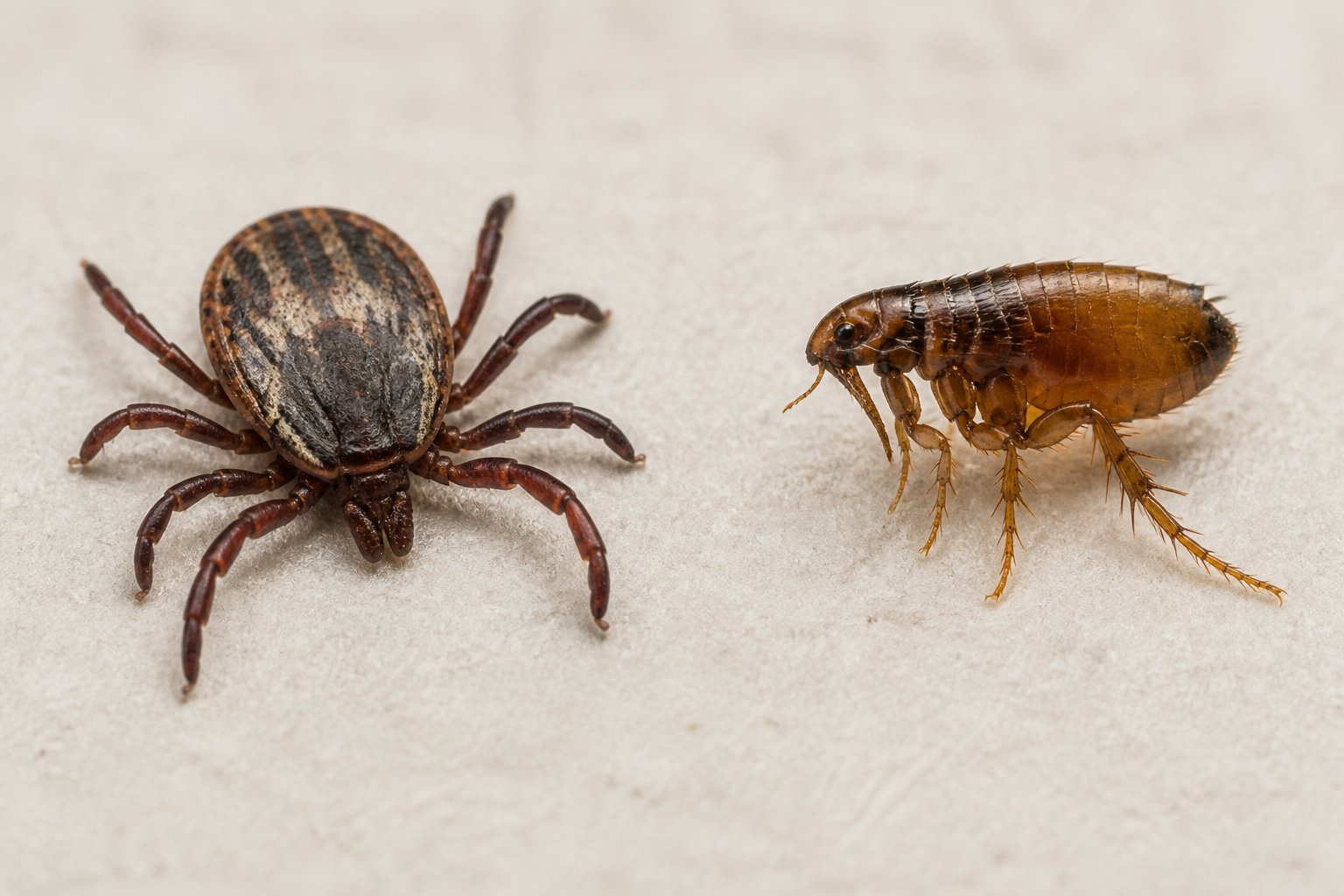 A tick and a flea shown side by side for comparison.