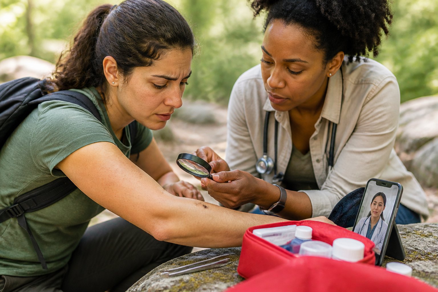 An adult examines a small insect bite on their arm while another person offers first-aid guidance outdoors.