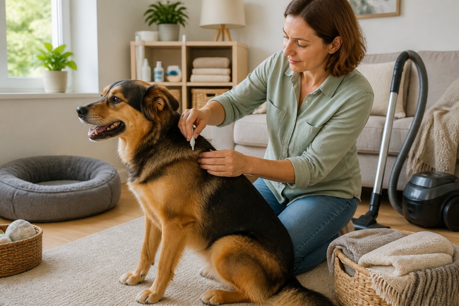 A pet owner carefully applies flea and tick treatment to a calm dog in a clean living room.