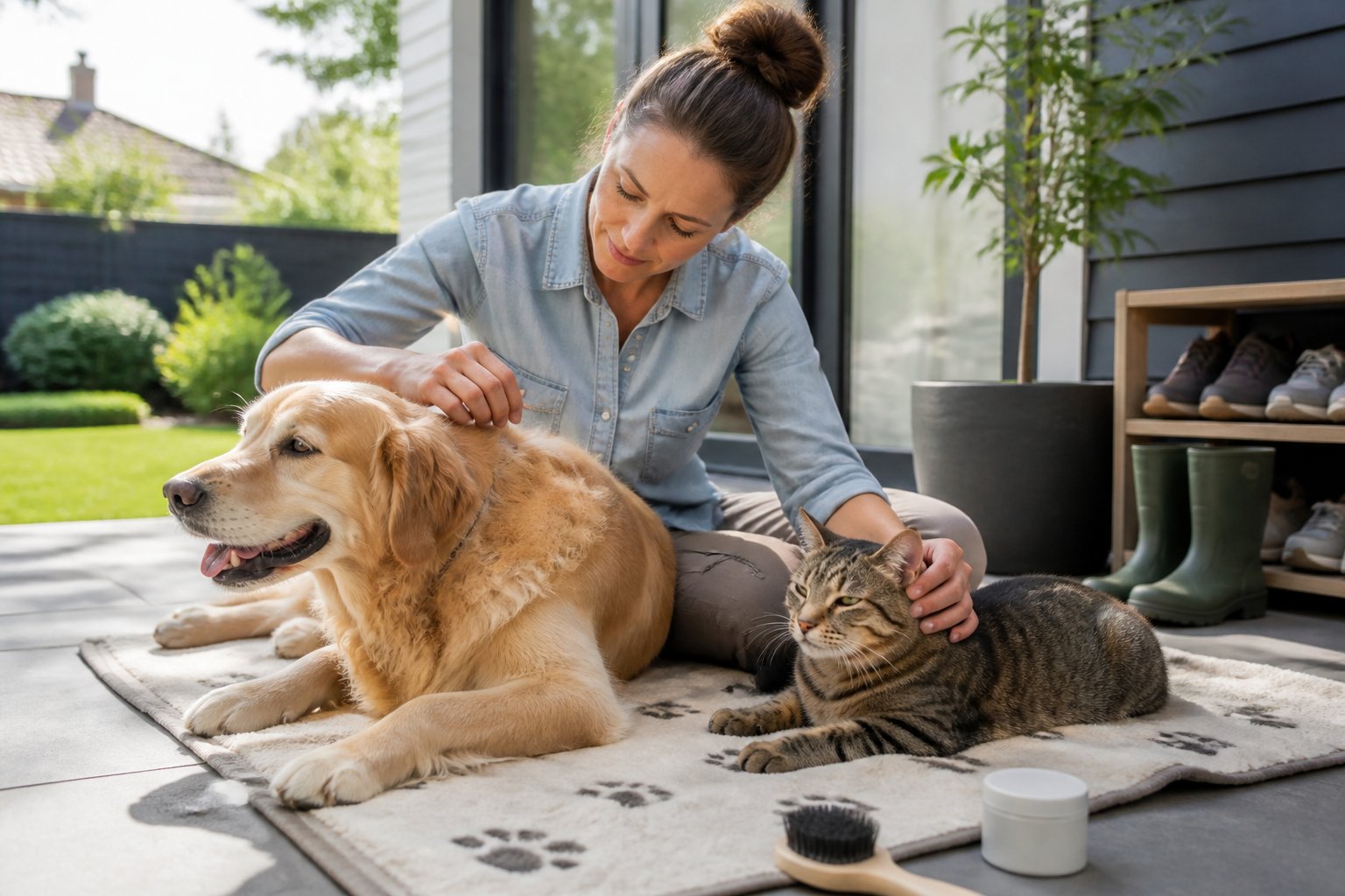 A person checks a dog and cat for ticks and fleas in a sunny backyard.