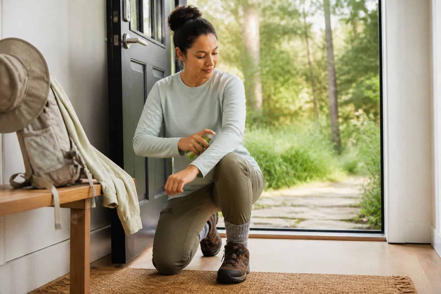 A person puts on protective outdoor clothing and insect repellent before walking onto a wooded trail.