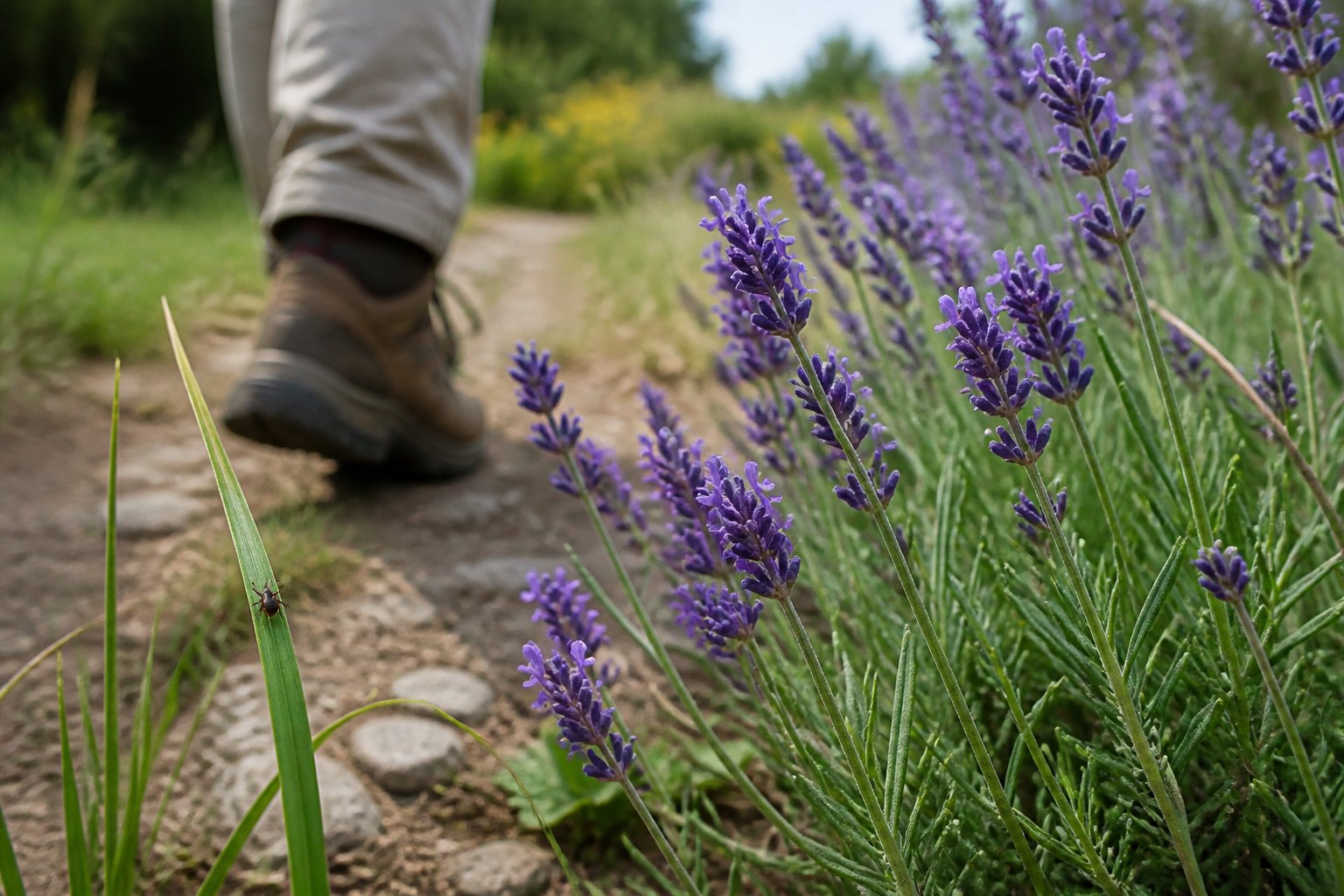 Lavender plants beside a garden path with a tick on nearby grass and a hiking boot in the background.