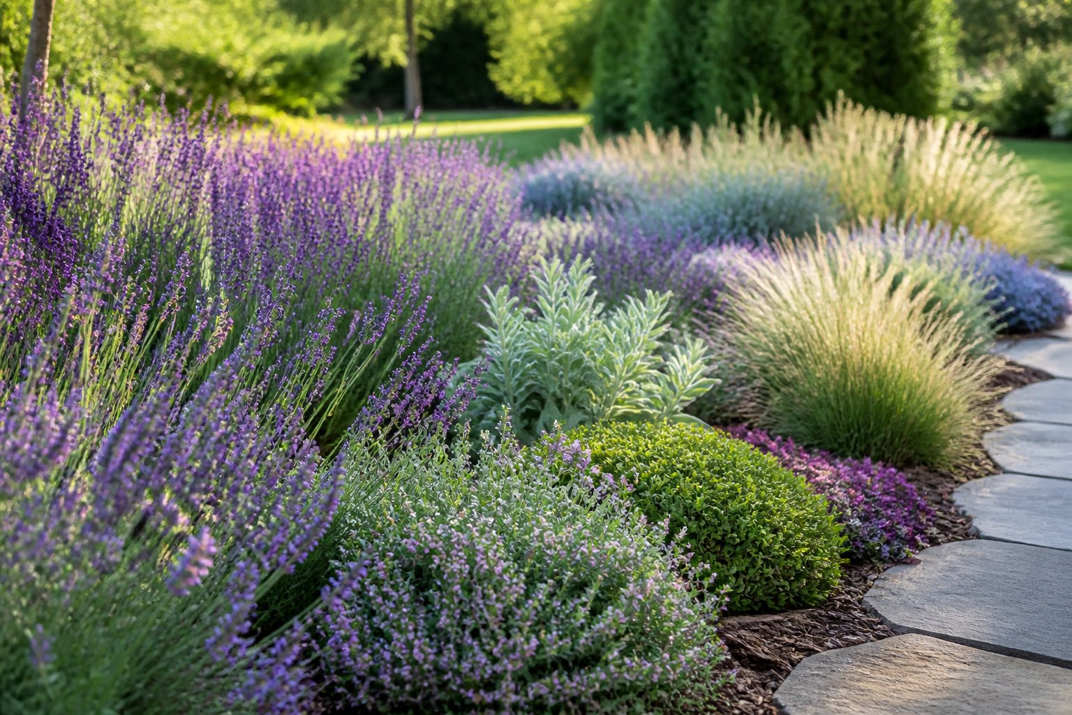 A sunny garden border filled with blooming lavender and low-growing companion plants.