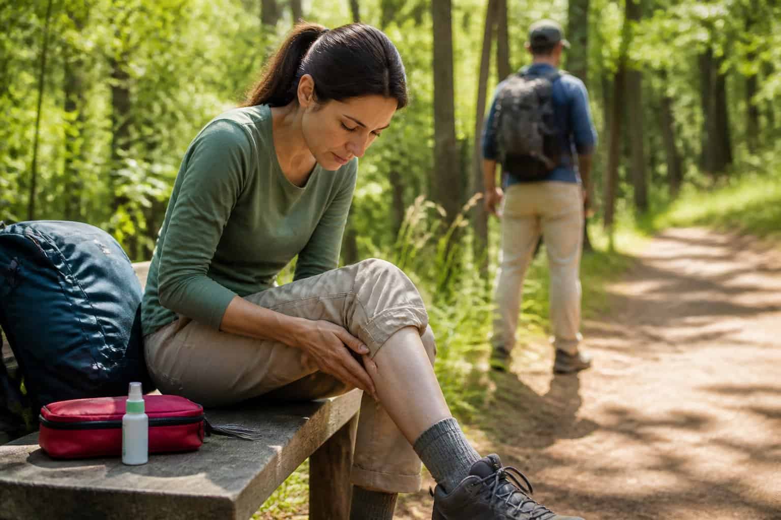 A calm hiker inspects their leg beside a forest trail with protective clothing, tweezers, and insect repellent nearby.