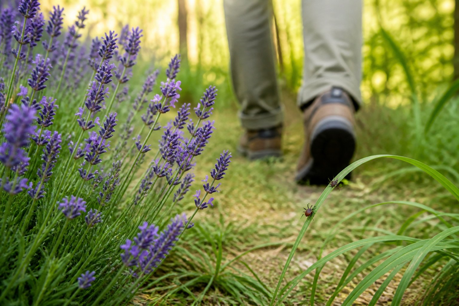 Lavender grows beside a grassy woodland path near a hiker’s shoes, with a small tick on a blade of grass.