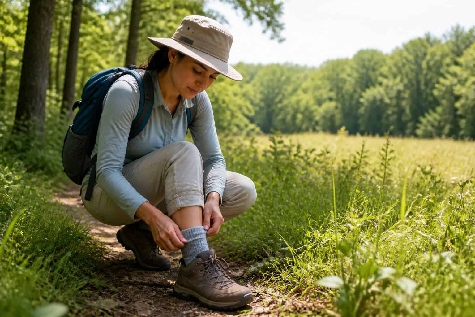 Hiker checks their lower leg for ticks beside tall grass at the edge of a wooded trail.