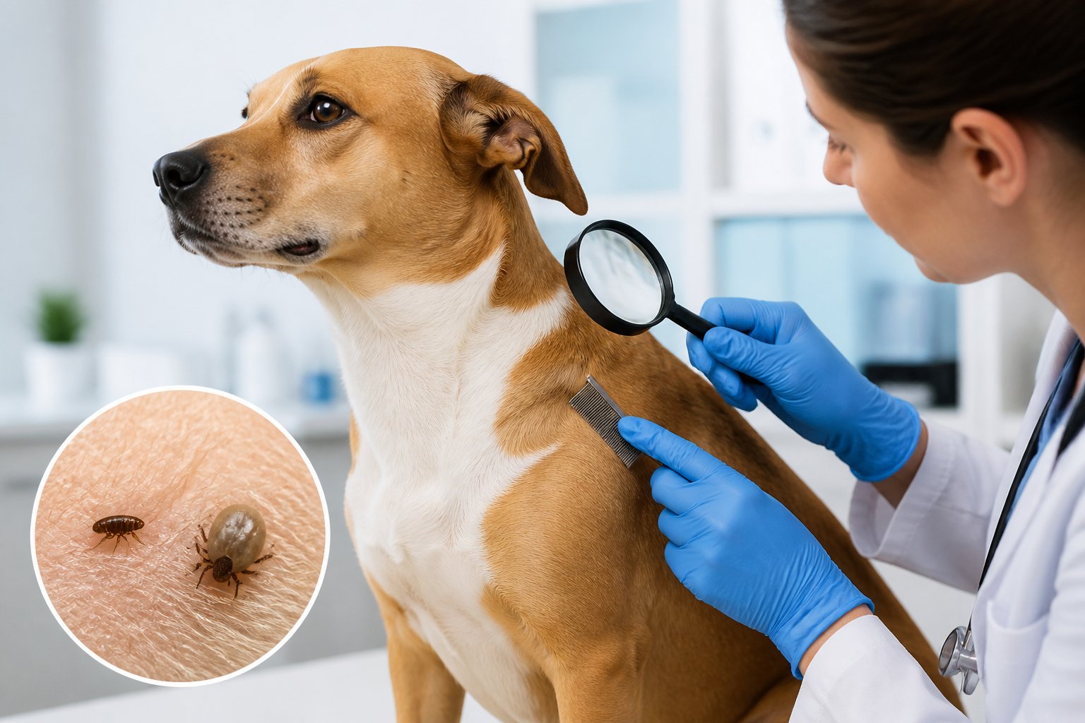 A veterinarian examines a dog’s fur and skin for fleas and ticks.