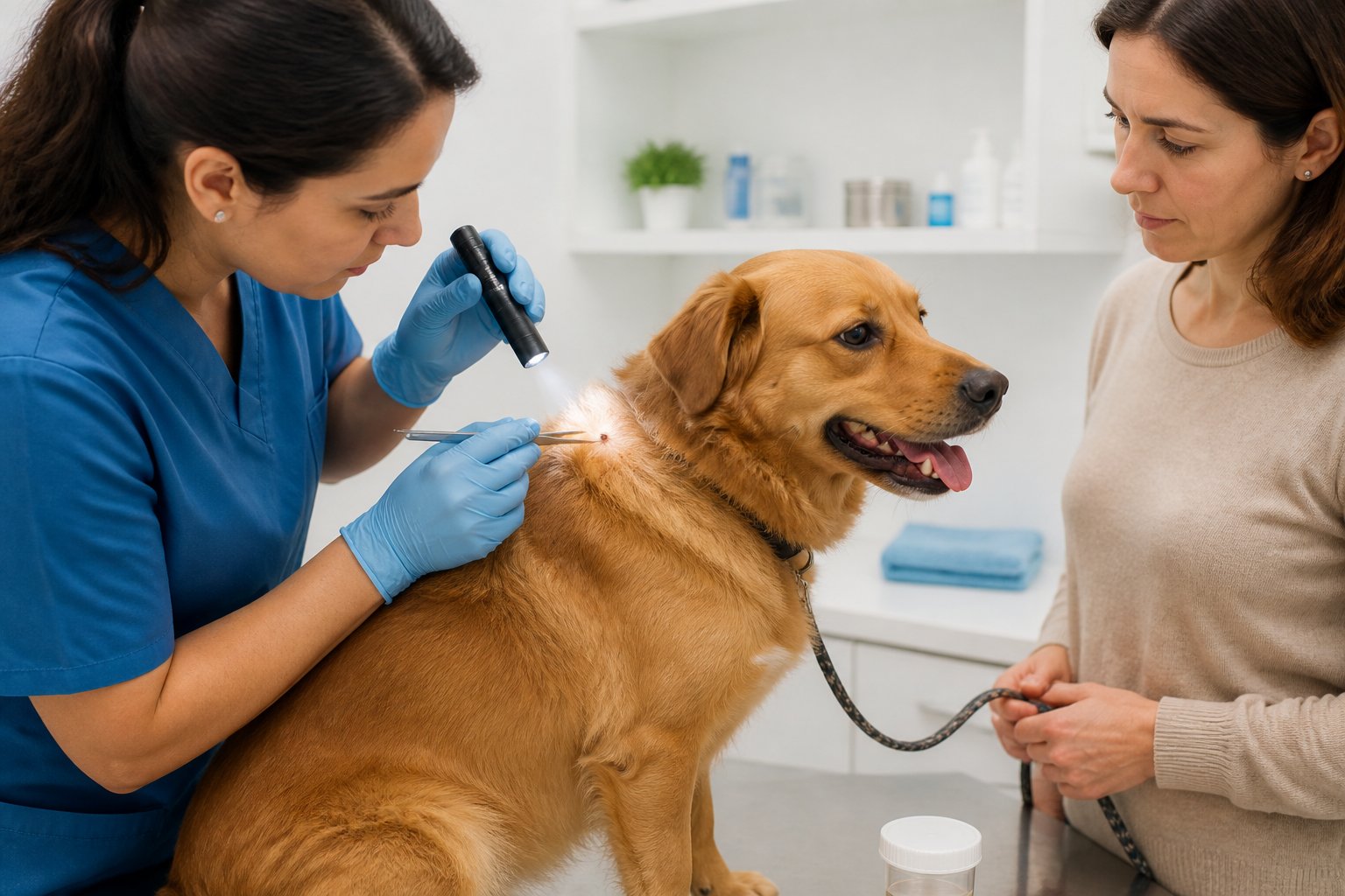 A veterinarian examines a dog’s fur for a tick while the owner watches.